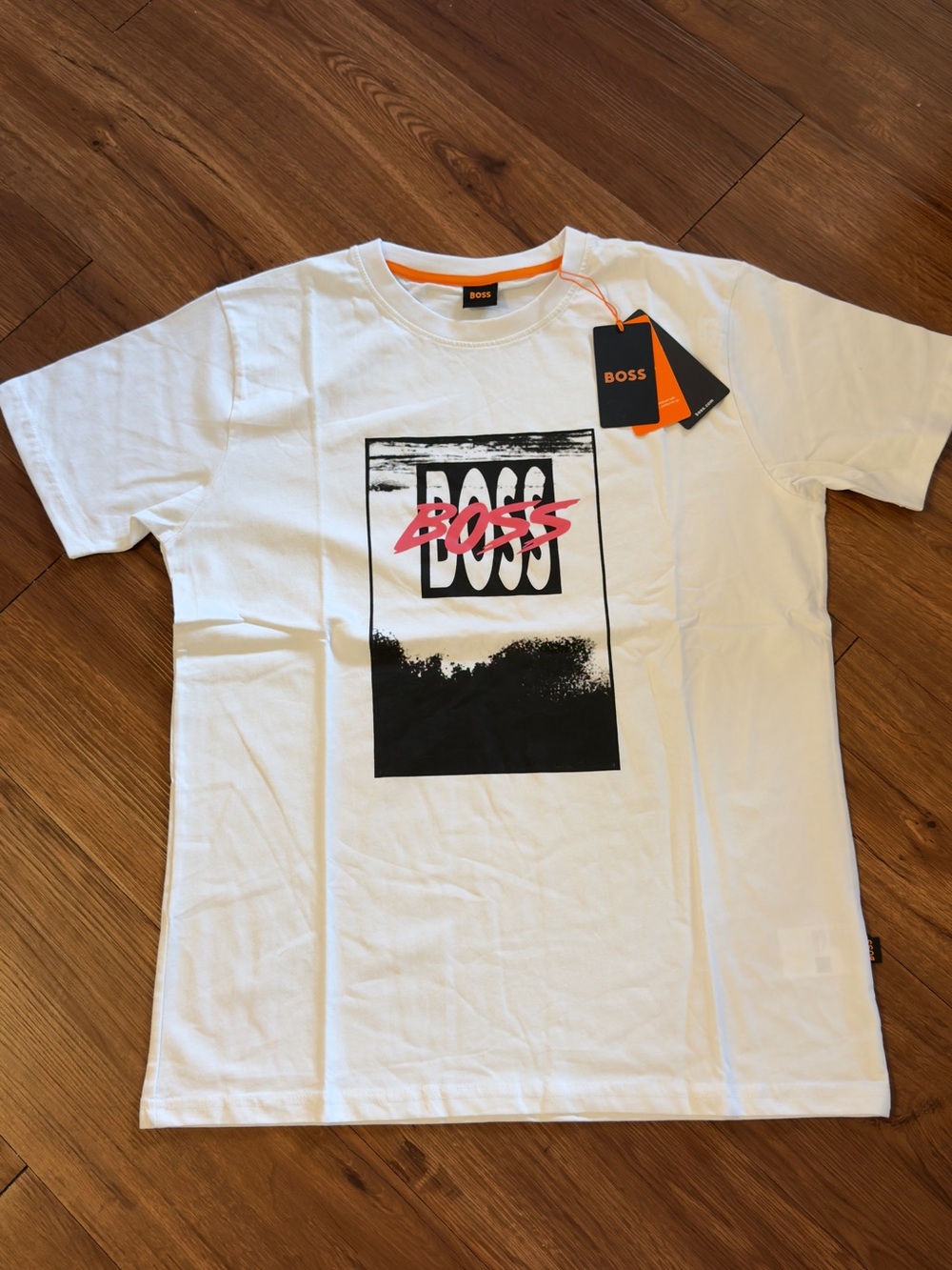 BOSS White Tee with Black Graphic and Pink Logo
